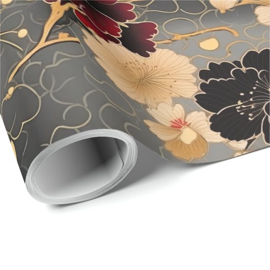 Elegante anjer | Rood & Goud Bloemen op Grijs Cadeaupapier (Rol Hoek)