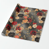 Elegante anjer | Rood & Goud Bloemen op Grijs Cadeaupapier (Uitgerold)