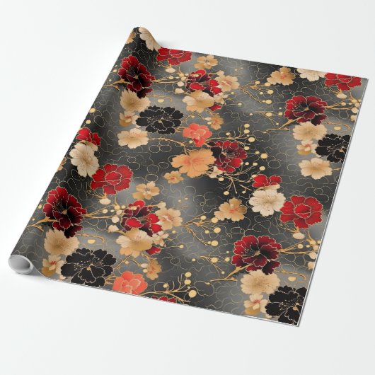 Elegante anjer | Rood & Goud Bloemen op Grijs Cadeaupapier (Uitgerold)