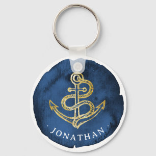Elegante anker in waterverf nautische naam navybla sleutelhanger