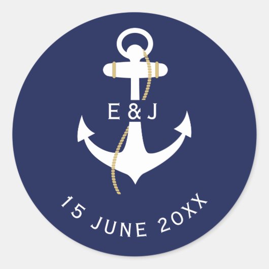 Elegante anker nautische huwelijksinitiaal ronde sticker (Voorkant)