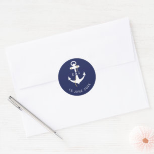 Elegante anker nautische huwelijksinitiaal ronde sticker