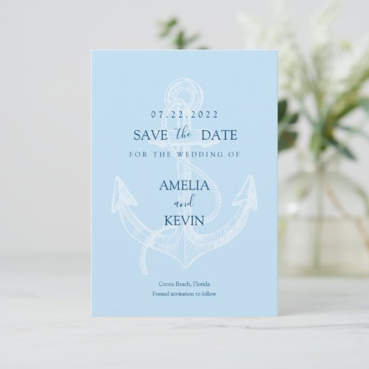 Elegante anker nautische strand save the date (Staand voorkant)