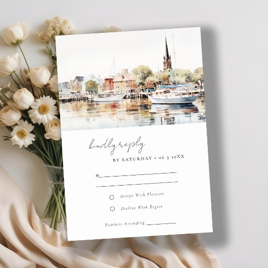 Elegante Annapolis Maryland Waterverf bruiloft RSVP Kaartje