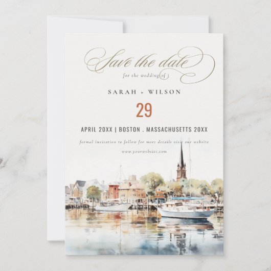 Elegante Annapolis Maryland Waterverf bruiloft Save The Date (Voorkant)