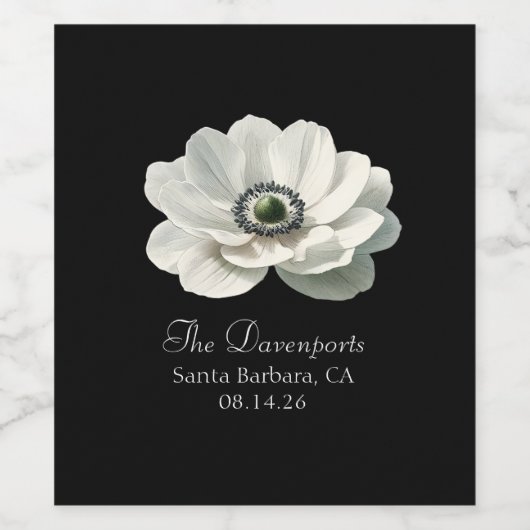 Elegante Annoom Bloem Bruiloft Zwart & Wit Wijn Etiket (Enkel label)