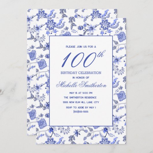 Elegante  Antiek Blauwe Bloemen 100e Kaart (Voorkant / Achterkant)