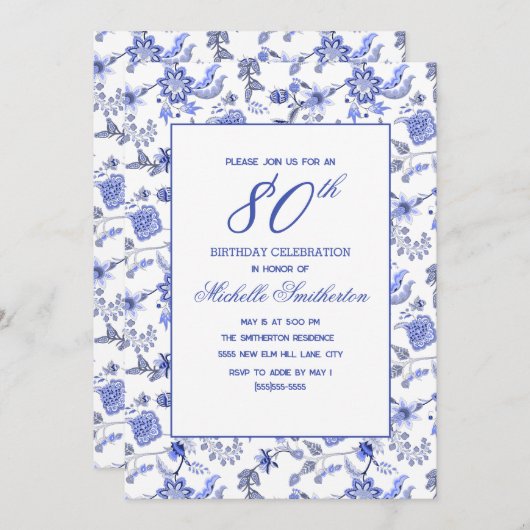 Elegante  Antiek Blauwe Bloemen 80e Kaart (Voorkant / Achterkant)