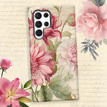 Elegante Antiek  Franse bloemencollage Samsung Galaxy Hoesje<br><div class="desc">Artistieke en elegante Franse stijl roze en blozend bloemenmet antiek schrift en beige perkamenten achtergrond.</div>