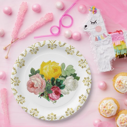 Elegante Antiek Rozen met gouden bloedige bruiloft Papieren Bordje (Feest)