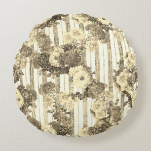 Elegante  Antiek Ticking Striped Floral Rond Kussen