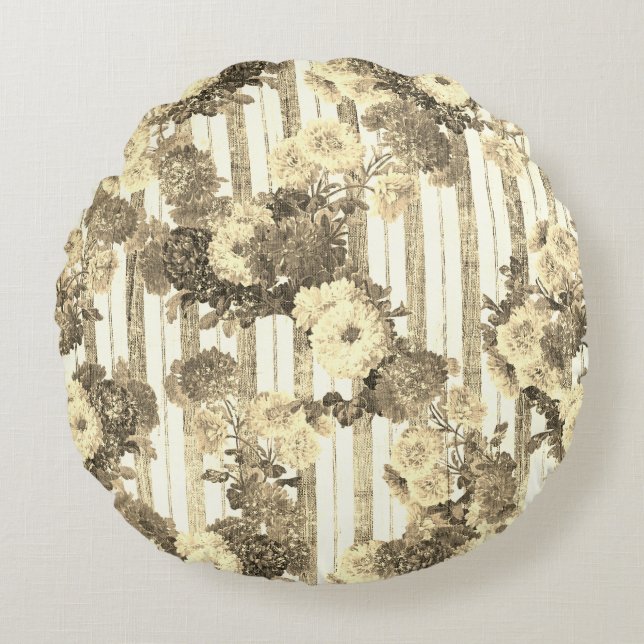 Elegante  Antiek Ticking Striped Floral Rond Kussen (Voorkant)