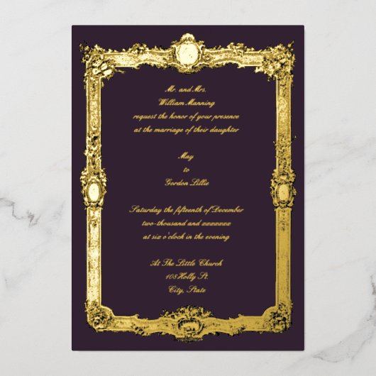 Elegante antieke barok rococo lijst bruiloft folie uitnodiging (Voorkant)