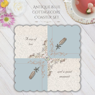 Elegante Antieke Blauwe Bloemengewonde Schrijfkame Kartonnen Onderzetters