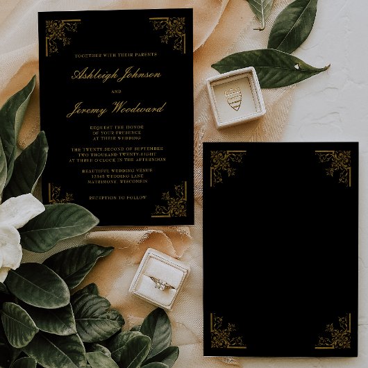 Elegante antieke gouden hoeken script zwarte trouw kaart