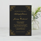 Elegante antieke gouden hoeken script zwarte trouw kaart (Staand voorkant)