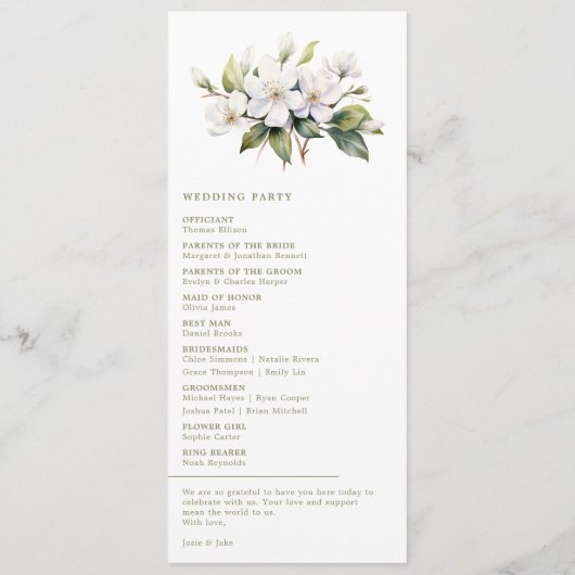 Elegante Apple Blossom Minimalistische Botanische Programmakaart (Achterkant)