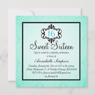 Elegante Aqua & Black Chic Damask Sweet 16 Uitnodi Kaart