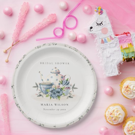 Elegante Aqua Blauwe bloemige Theepot Kop Bruidssh Papieren Bordje (Feest)