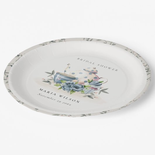 Elegante Aqua Blauwe bloemige Theepot Kop Bruidssh Papieren Bordje (Gekanteld)