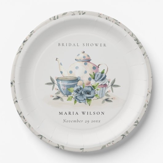 Elegante Aqua Blauwe bloemige Theepot Kop Bruidssh Papieren Bordje (Voorkant)