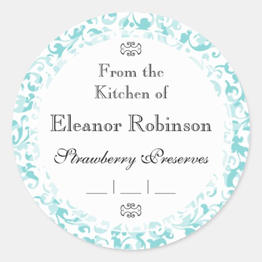 Elegante Aqua Blauwgroen Damast Swirl Scrolls Ronde Sticker (Voorkant)