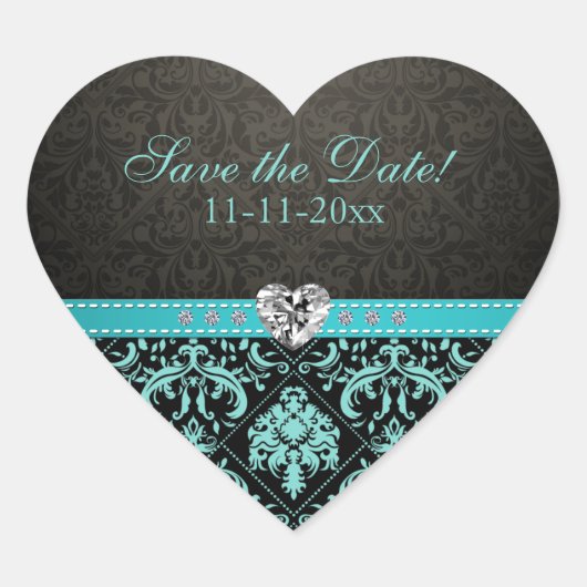 Elegante Aqua Blue / Black Damask "Save the Date" Hart Sticker (Voorkant)
