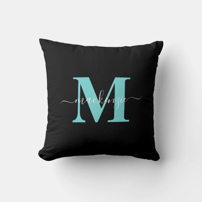 Elegante Aqua Blue Black Monogram Naam Kussen (Voorkant)