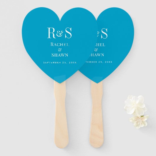 Elegante Aqua Blue Chic Modern Monogram bruiloft Handwaaier (Voorkant en achterkant)
