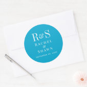 Elegante Aqua Blue Chic Modern Monogram bruiloft Ronde Sticker (Envelop)