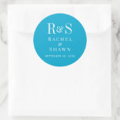 Elegante Aqua Blue Chic Modern Monogram bruiloft Ronde Sticker (Tas)