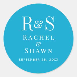 Elegante Aqua Blue Chic Modern Monogram bruiloft Ronde Sticker
