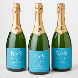 Elegante Aqua Blue Chic Modern Monogram bruiloft Sparkling Wijnetiket