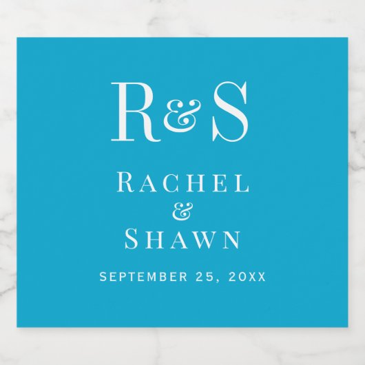 Elegante Aqua Blue Chic Modern Monogram bruiloft Sparkling Wijnetiket (Enkel label)