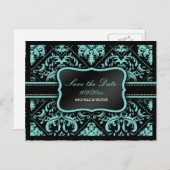 Elegante Aqua Blue en Black Damask Save the Date Aankondigingskaart (Voorkant / Achterkant)