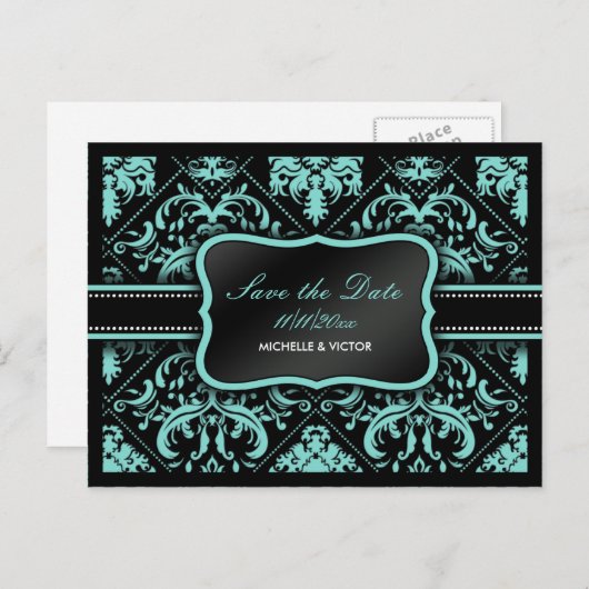 Elegante Aqua Blue en Black Damask Save the Date Aankondigingskaart (Voorkant / Achterkant)