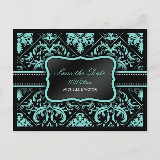 Elegante Aqua Blue en Black Damask Save the Date Aankondigingskaart (Voorkant)