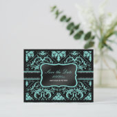 Elegante Aqua Blue en Black Damask Save the Date Aankondigingskaart (Staand voorkant)