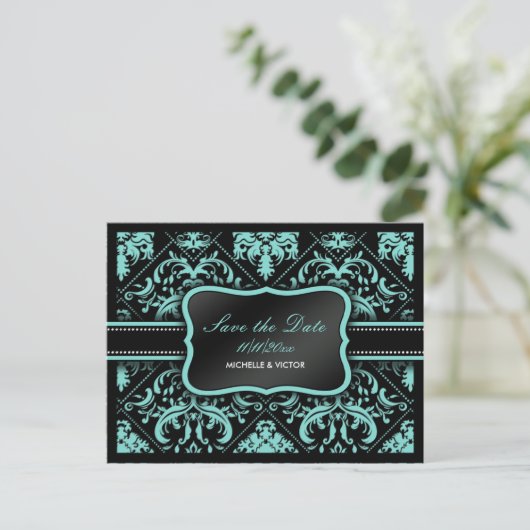 Elegante Aqua Blue en Black Damask Save the Date Aankondigingskaart (Staand voorkant)