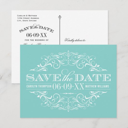 Elegante Aqua Blue Flourish Wedding Save the Date Aankondigingskaart (Voorkant / Achterkant)