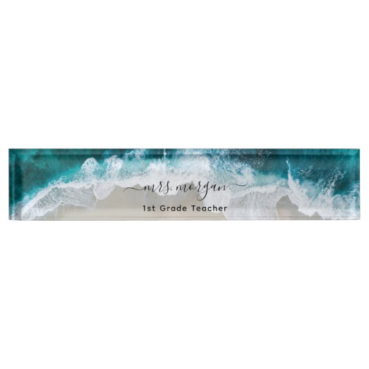 Elegante Aqua Blue Green Beach Script leraar Naambordje (Voorkant)