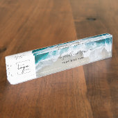 Elegante Aqua Blue Green Beach Script Logo Naambordje (Zijkant)