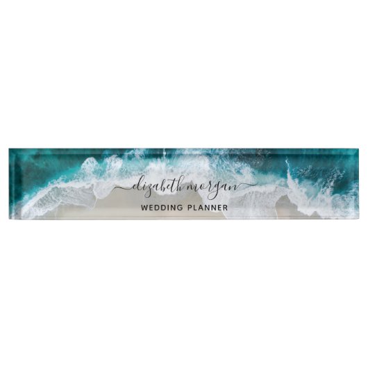 Elegante Aqua Blue Green Beach Wedding Planner Naambordje (Voorkant)