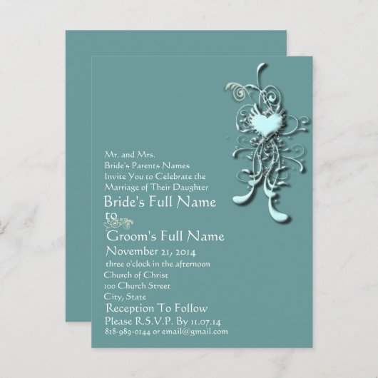 Elegante Aqua Blue Heart Swirl bruiloft uitnodigin Uitnodiging Briefkaart (Voorkant / Achterkant)