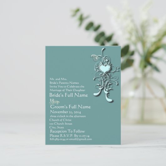 Elegante Aqua Blue Heart Swirl bruiloft uitnodigin Uitnodiging Briefkaart (Staand voorkant)