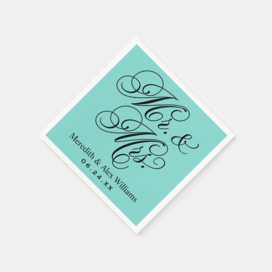 Elegante Aqua Blue Mr. en Mrs. Script Monogram Servet (Hoek)