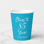 Elegante Aqua Blue Proost op 85 jaar 85ste verjaar Papieren Bekers (Achterkant)