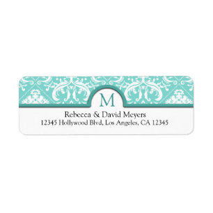 Elegante Aqua Blue & White Damask met Monogram Etiket
