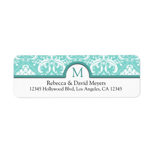 Elegante Aqua Blue & White Damask met Monogram Etiket (Voorkant)