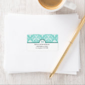 Elegante Aqua Blue & White Damask met Monogram Etiket (Insitu)